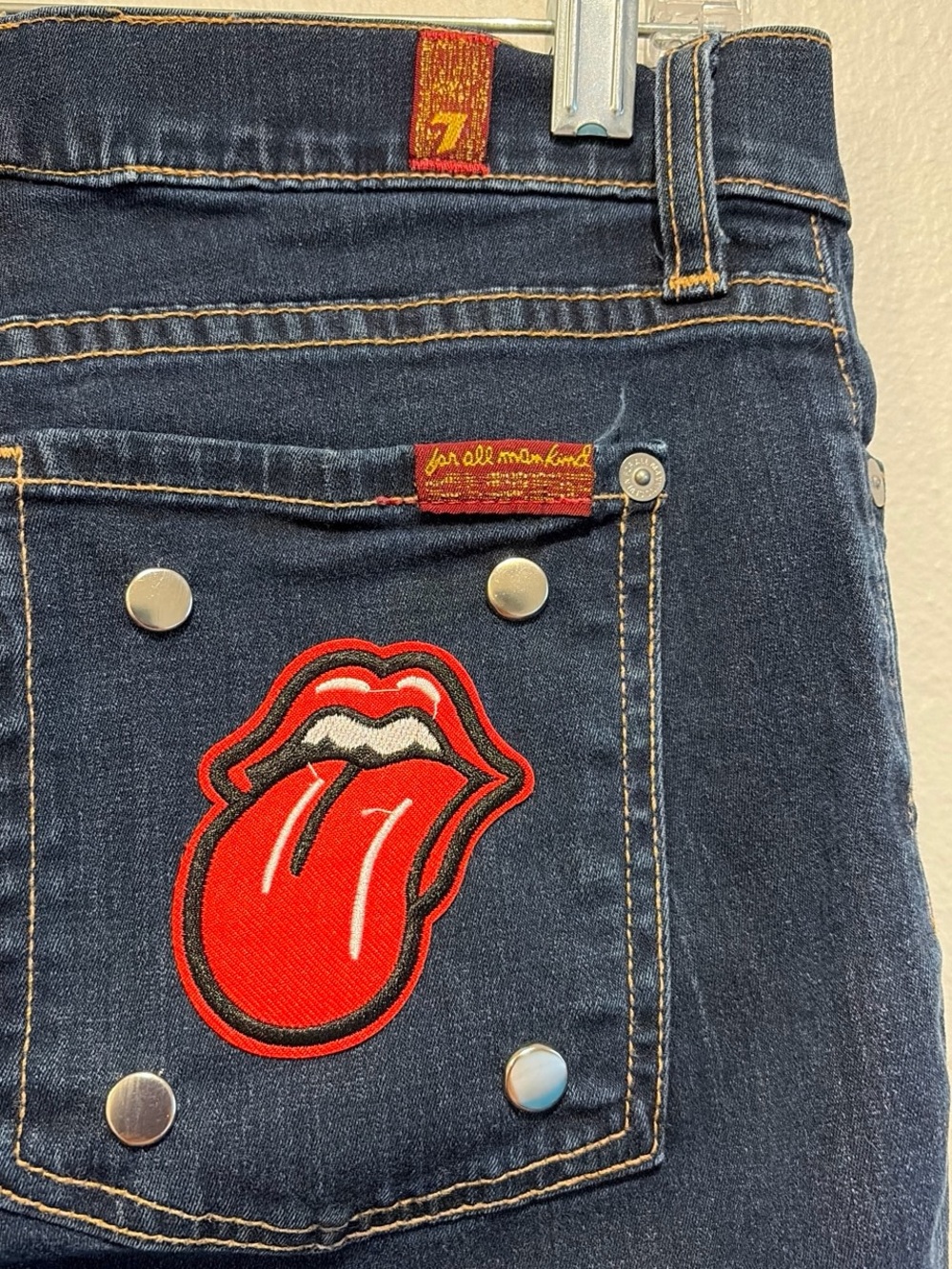 7 For All Mankind Dark Blue Jeans with Fun Rock Band Patches